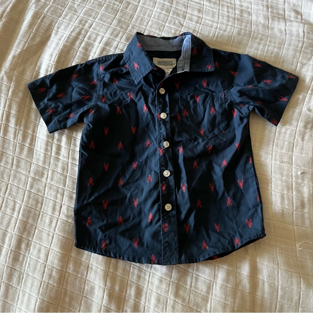 Alex & Jack Boys SZ 3T Lobster Shirt Button Down Navy & Red Short Sleeve